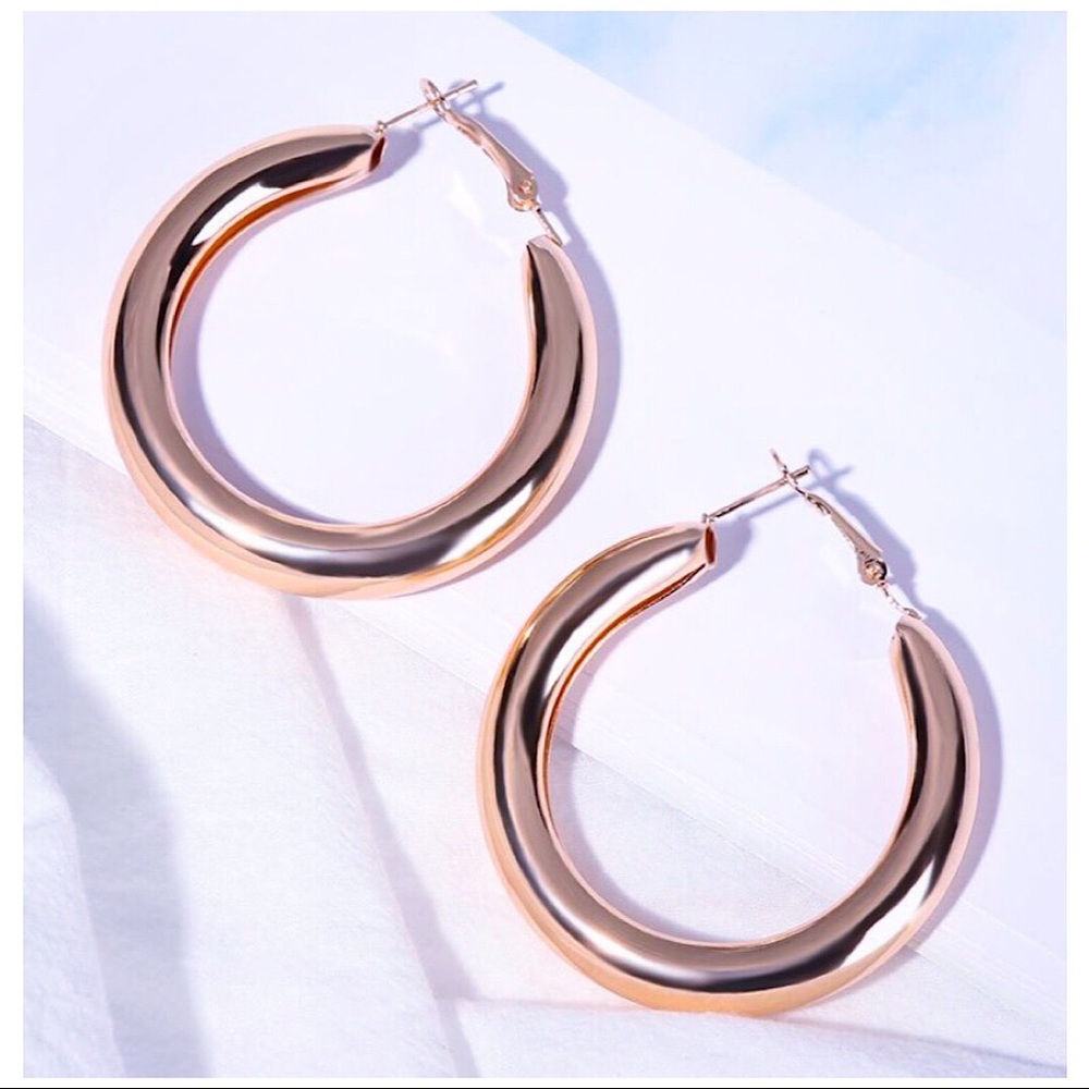Hoop Earrings Round Tube Hollow Metal Gold Tone